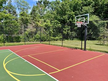 A basketball court with a hoop and a net.