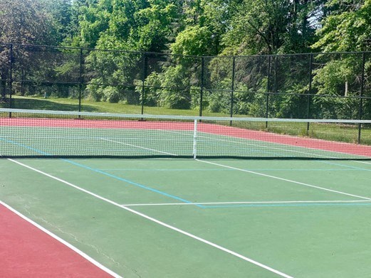 A tennis court with a net and green and red markings.
