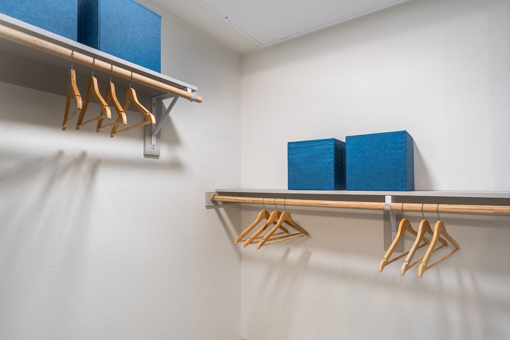 a closet with hangers and two blue cubes on the wall