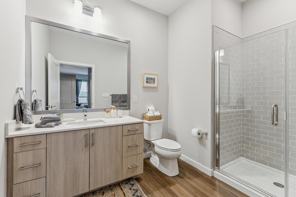 a bathroom with a shower toilet and sink and a mirror