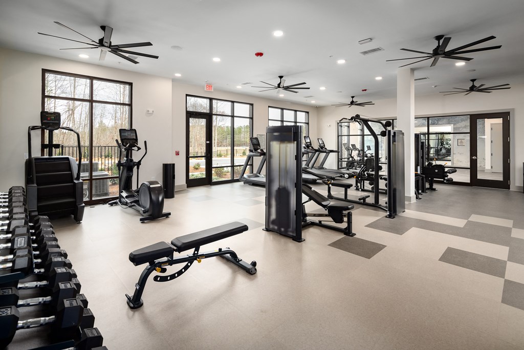 a gym with weights and cardio equipment on the floor and windowsat Alta Northerly, Cumming