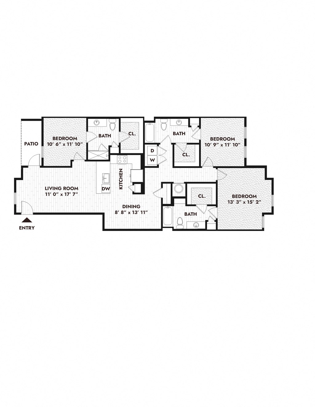 the floor plan shows the three bedrooms and two baths of this spacious bedroom house plan