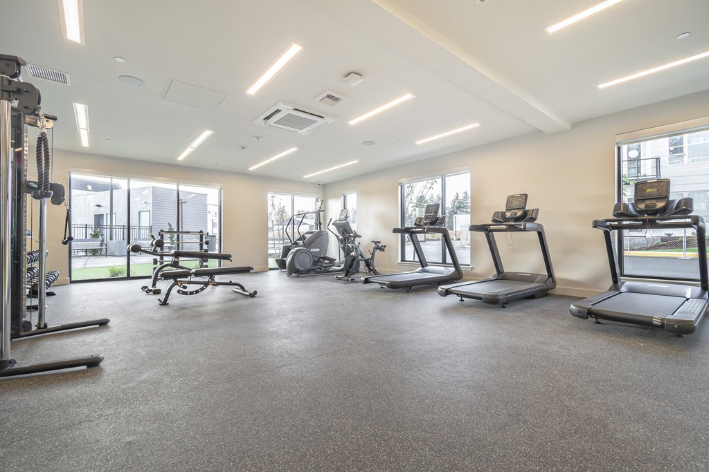 a gym with cardio equipment and windows in a building
