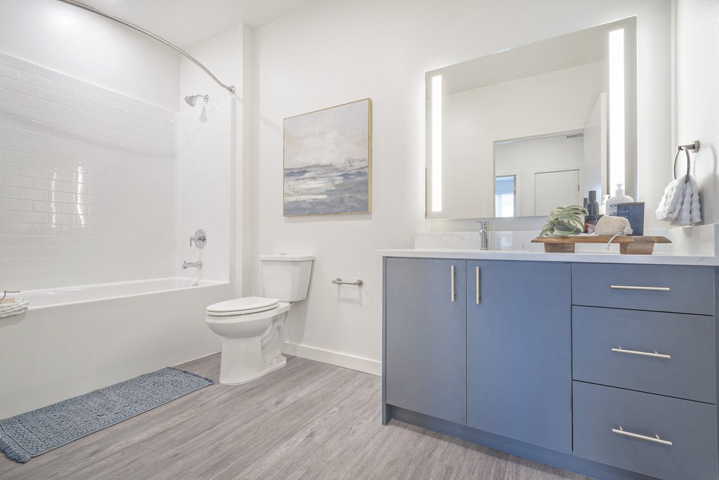 a blue and white bathroom with a toilet sink and shower