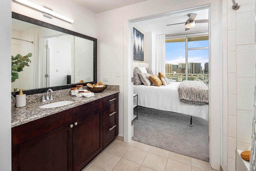 Renovated Bathrooms With Quartz Counters at The Tower on Piedmont, Atlanta, Georgia