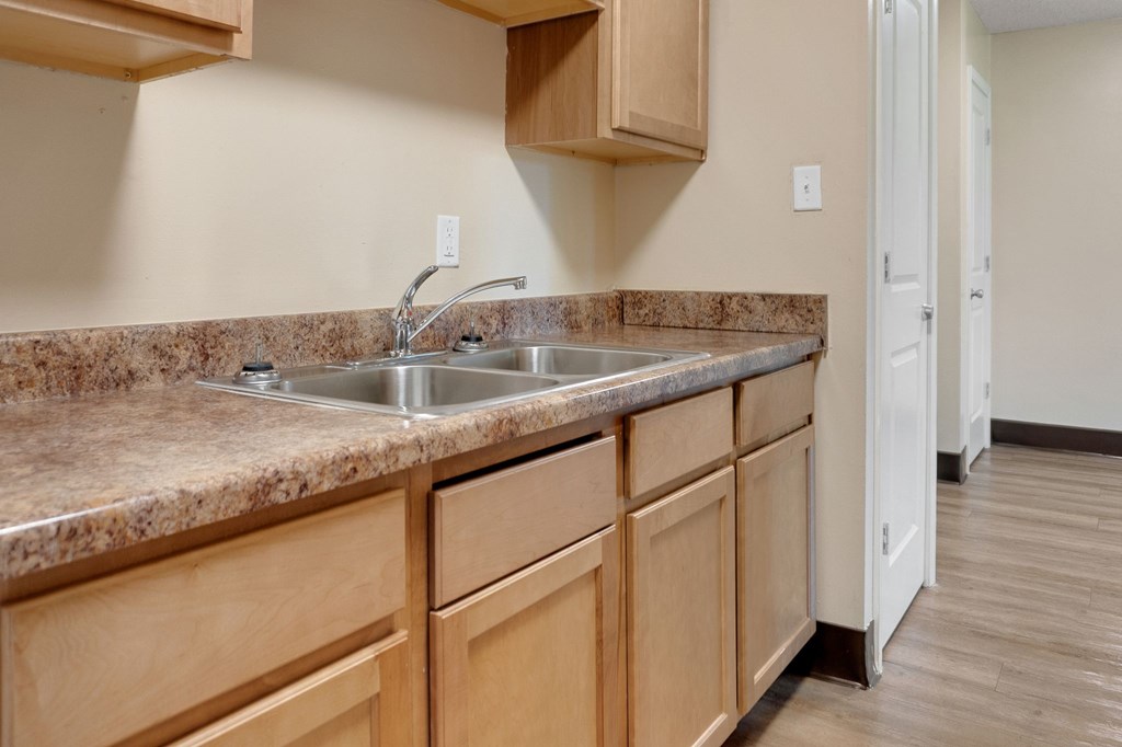 A kitchen with a sink and wooden cabinets.