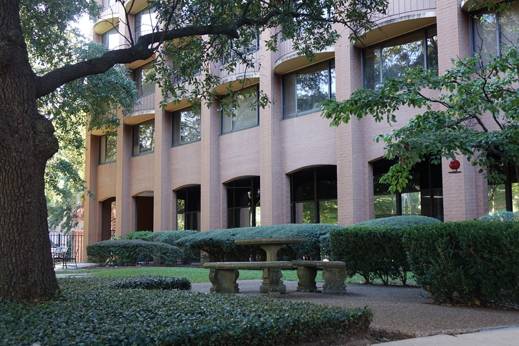 a building with a bench and a tree in front of it