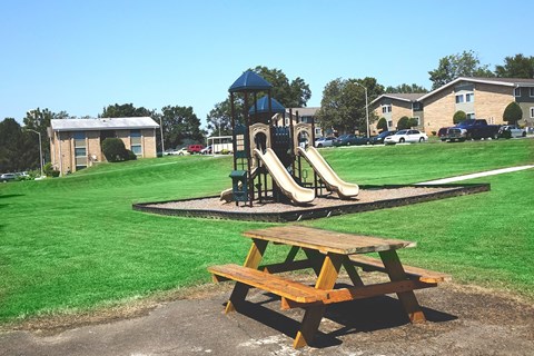 a park with a playground and a picnic table