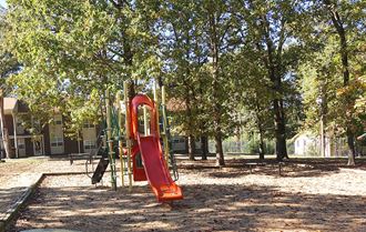 a playground with a slide and trees in a park
