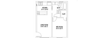 A floor plan of a small apartment with a kitchen, living room, bedroom and bathroom.