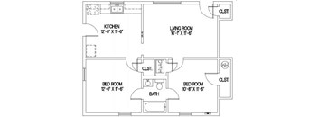 A floor plan of a small apartment with a kitchen, living room, and two bedrooms.