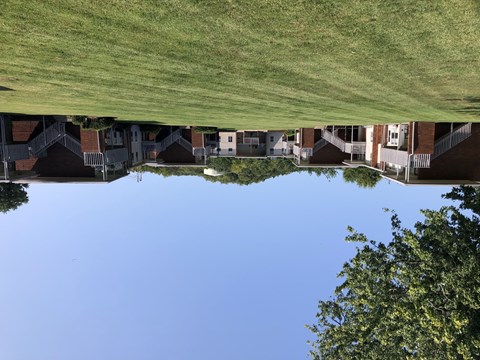 A reflection of houses and trees can be seen in a body of water.
