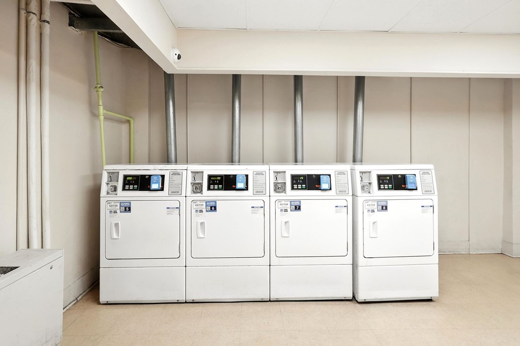 Three identical washing machines are lined up in a row.