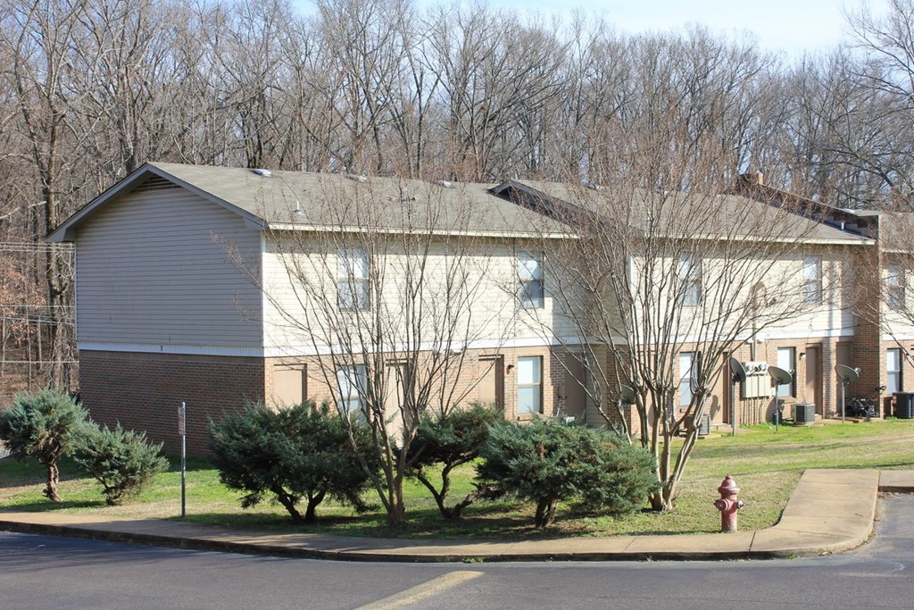 a white and brown house with trees and a fire hydrant