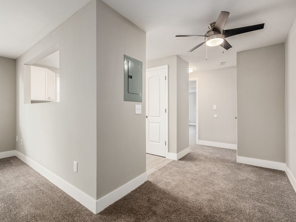 a living room with carpet and a ceiling fan