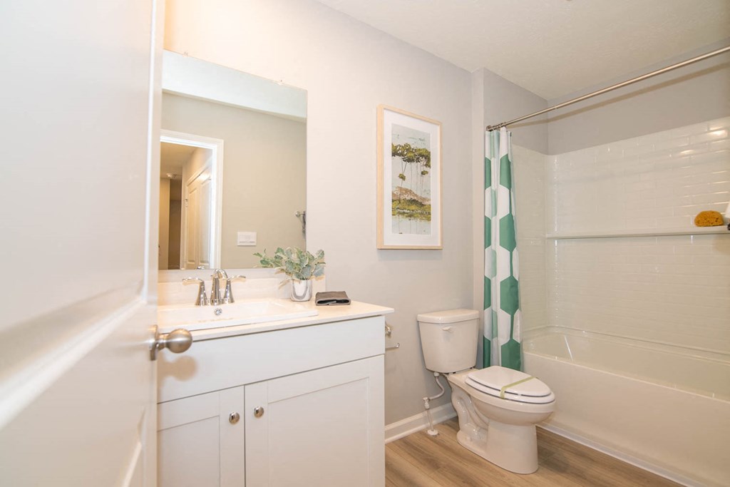 a bathroom with a sink toilet and a shower at Jackson Run Townhomes, Whitestown Indiana