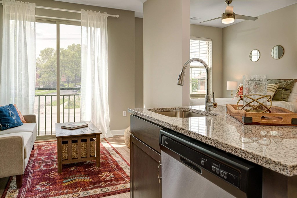 a kitchen with a sink and a counter top at Adelphi Quarter, Columbus, OH