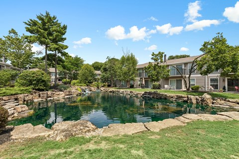 A pond in a backyard surrounded by rocks and trees.