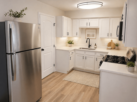 A modern kitchen with a stainless steel refrigerator and white cabinets.
