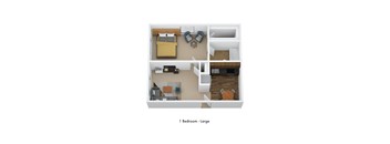 A 1 Bedroom - Large apartment layout with a bedroom, living room, and kitchen.