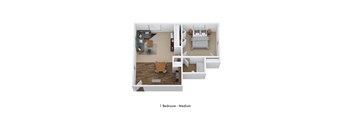 A 3D floor plan of a medium sized bedroom.