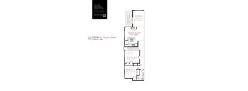 A floor plan for a two bedroom, one bath apartment.