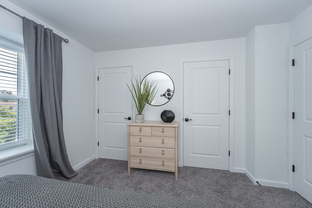 a bedroom with white walls and white doors and a dresser with a plant on
