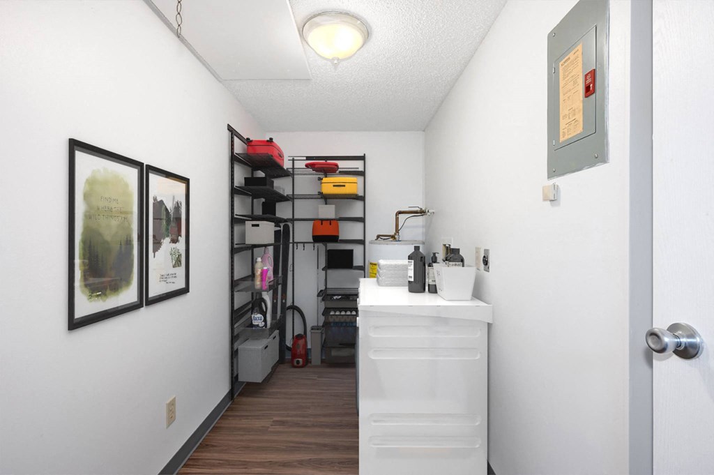 a room with a closet and a counter in it