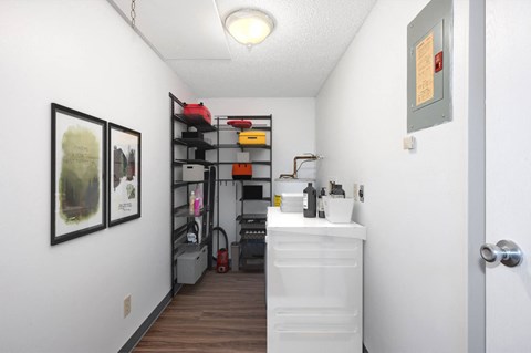 a room with a closet and a counter in it