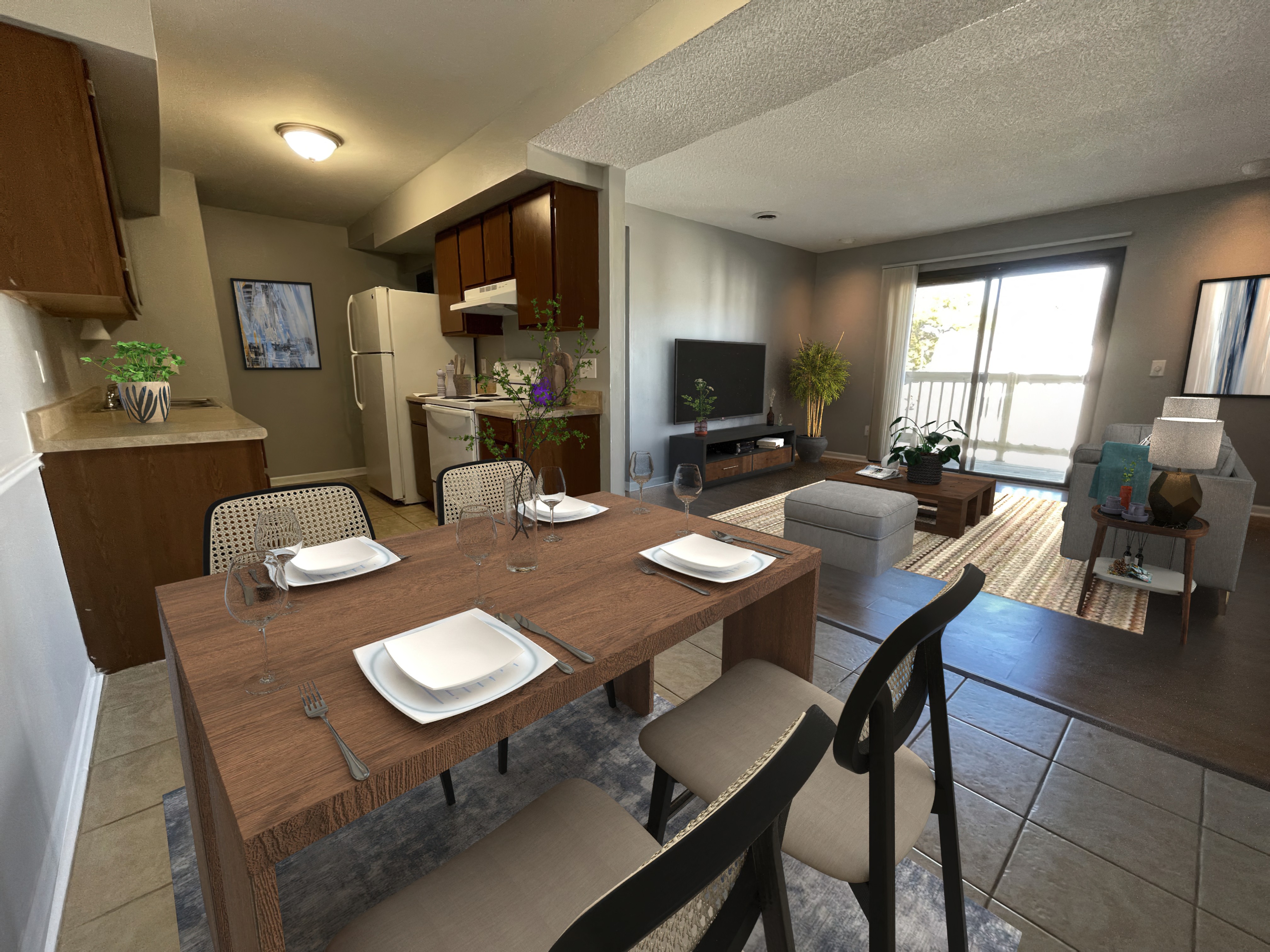a view of the kitchen and living room in a two bedroom apartment