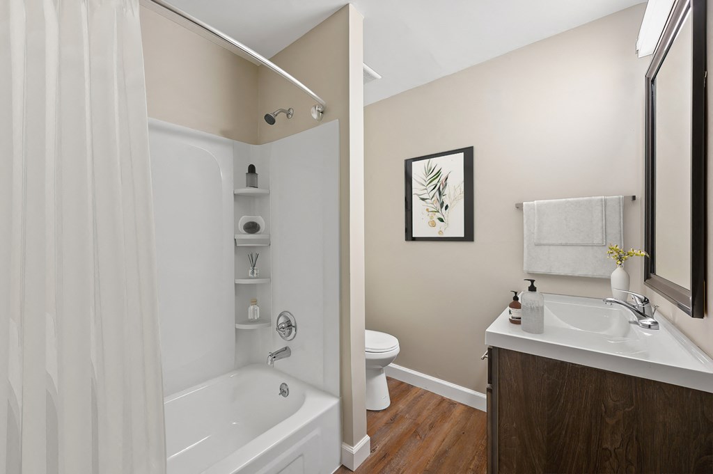 a bathroom with a white toilet next to a white bathtub