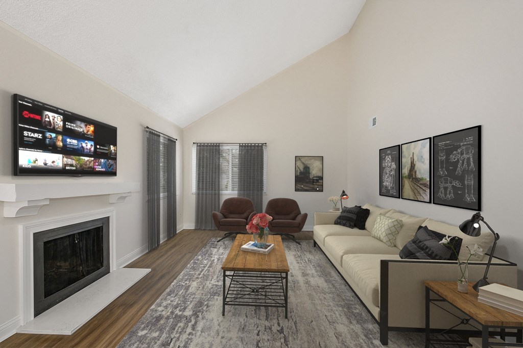 this is a photo of the living room of a 560 square foot, 1 bedroom apartment at at Harpers Point Apartments, Cincinnati, OH