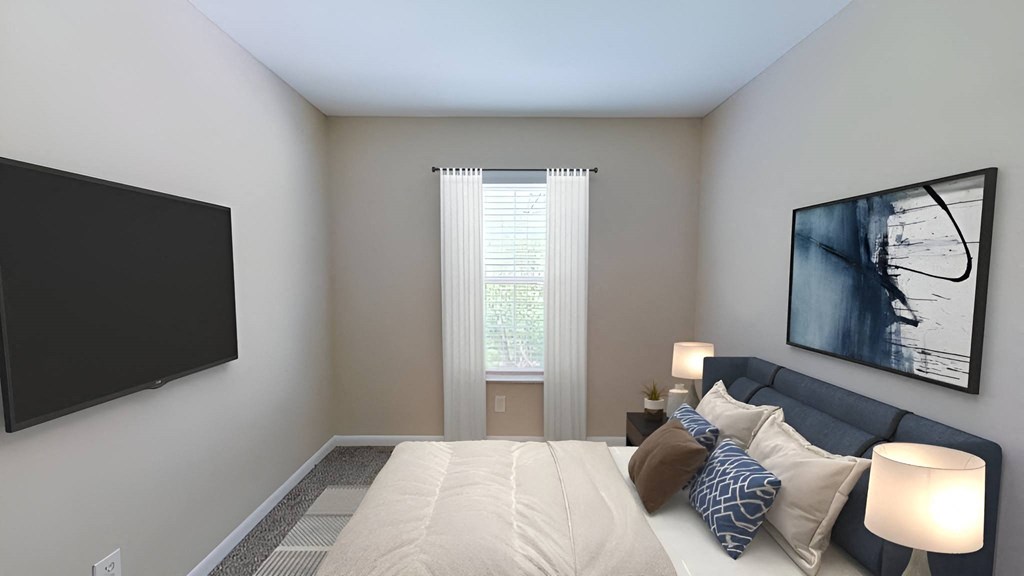 Bedroom with a large bed in front of a window at Merrick Place, KY, 40502