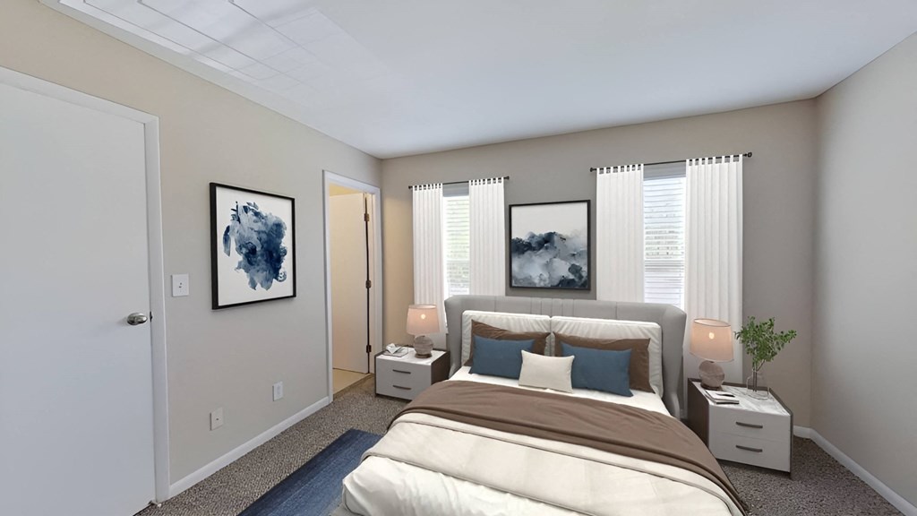 Bedroom with a large bed in front of a window at Merrick Place, Lexington, KY, 40502