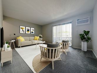 a living room with gray walls and a white carpet