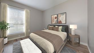 a bedroom with a bed and a large window at Summit at Keystone, Indianapolis
