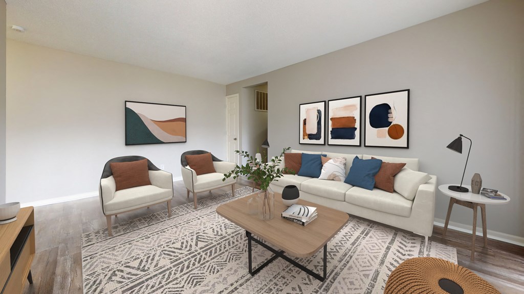Living room with a couch and two chairs and a table at Summit at Keystone, Indianapolis, IN 46220