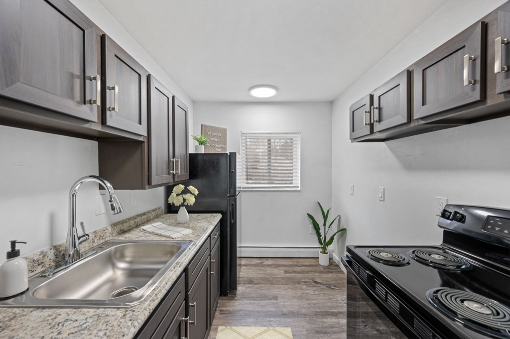 a kitchen with a sink and a stove and a window