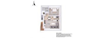 a floor plan of a studio apartment with a bedroom and a living room