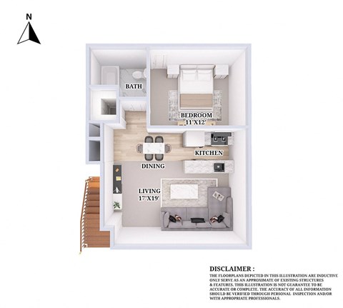 a floor plan of a studio apartment with a bedroom and a living room