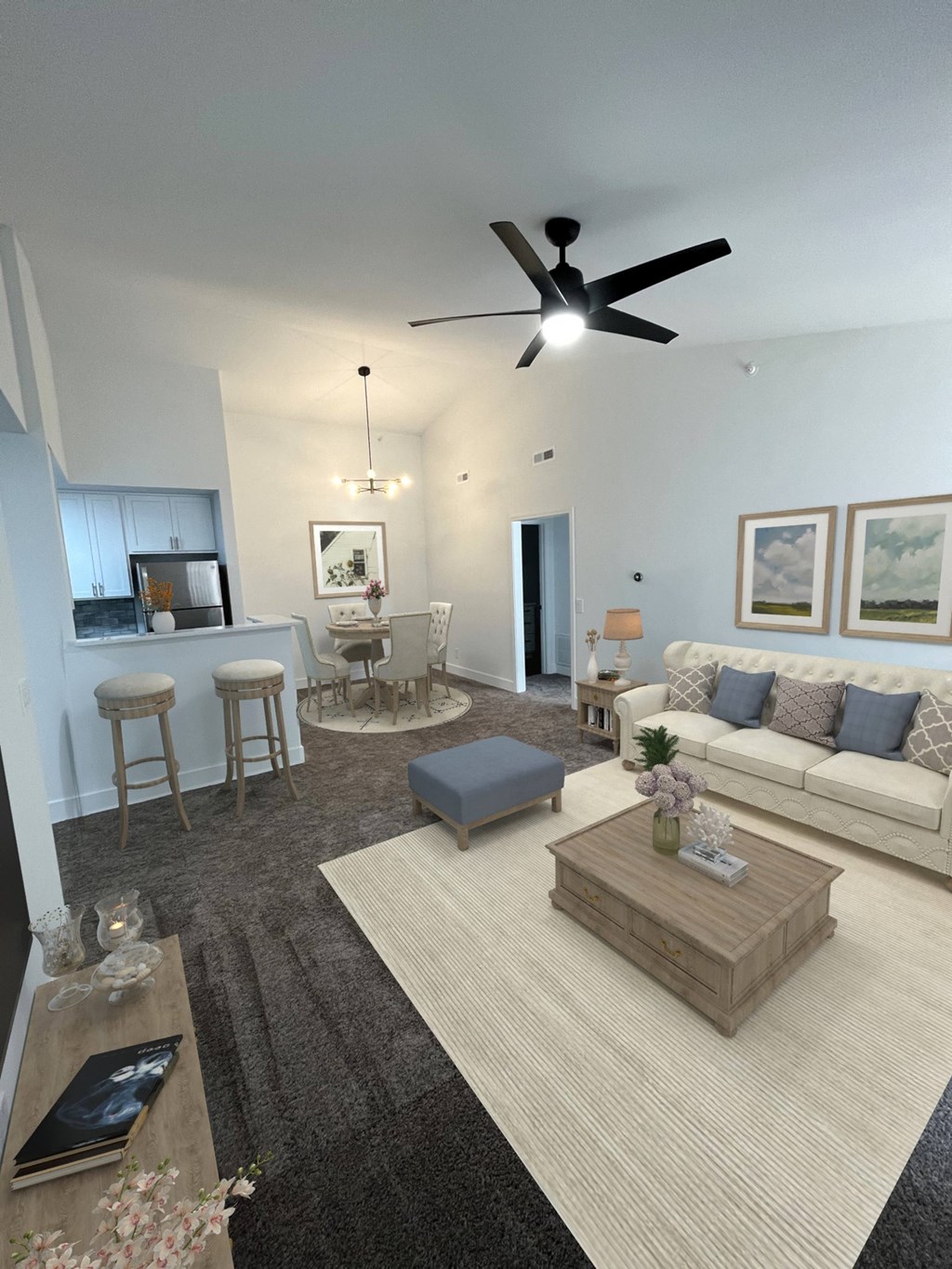 Family room with ceiling fan and new grey carpet at Ivy Hills Living Spaces, Cincinnati, 45244