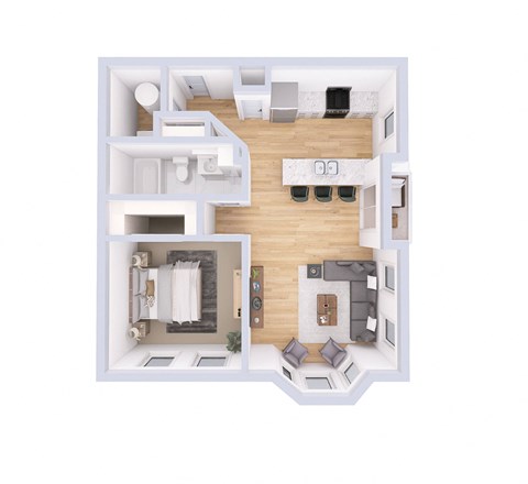 a stylized floor plan of a studio apartment