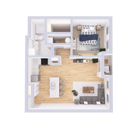 a stylized floor plan of a bedroom with furniture and a living room