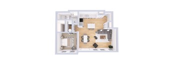 a stylized floor plan of a house with a bedroom and living room