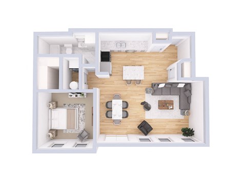 a stylized floor plan of a house with a bedroom and living room