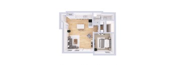 a bedroom floor plan with a bathroom and a living room