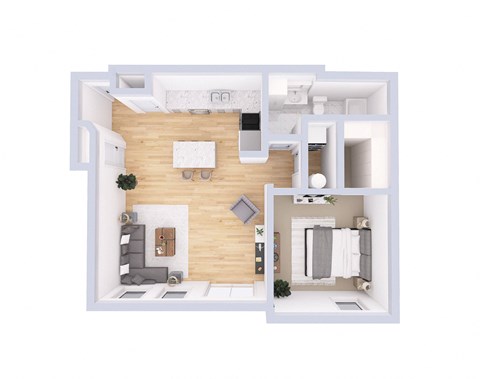 a bedroom floor plan with a bathroom and a living room
