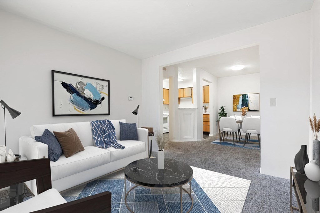 A living room with a white couch and a blue and white rug.