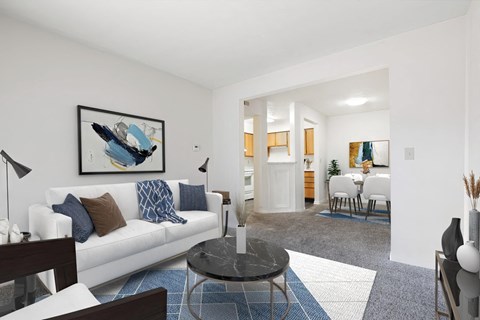 A living room with a white couch and a blue and white rug.