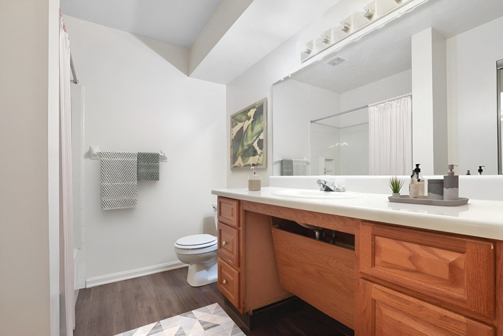 A bathroom with a wooden vanity and a toilet.